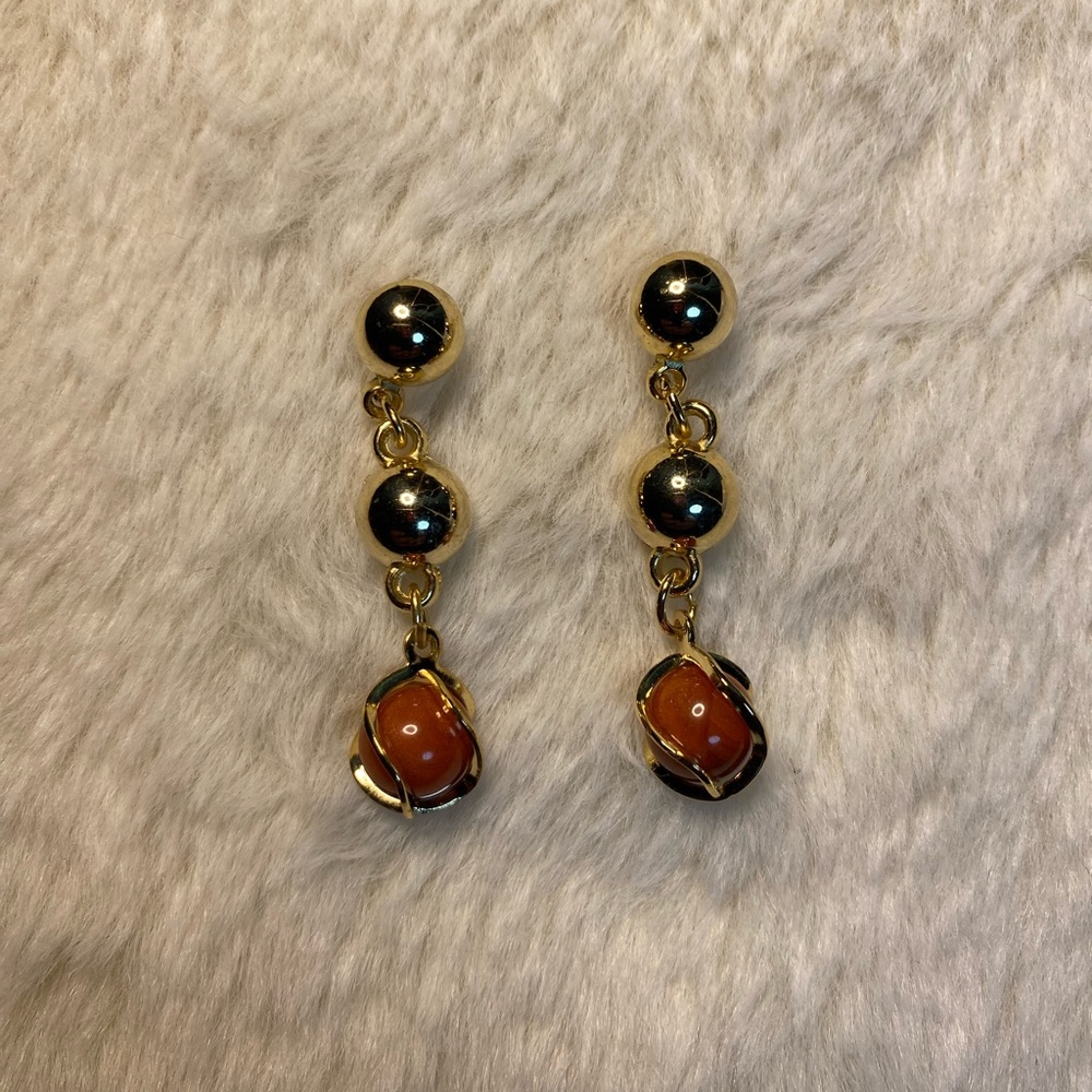 Gold and Orange Dangle Earrings EUC 1.5in